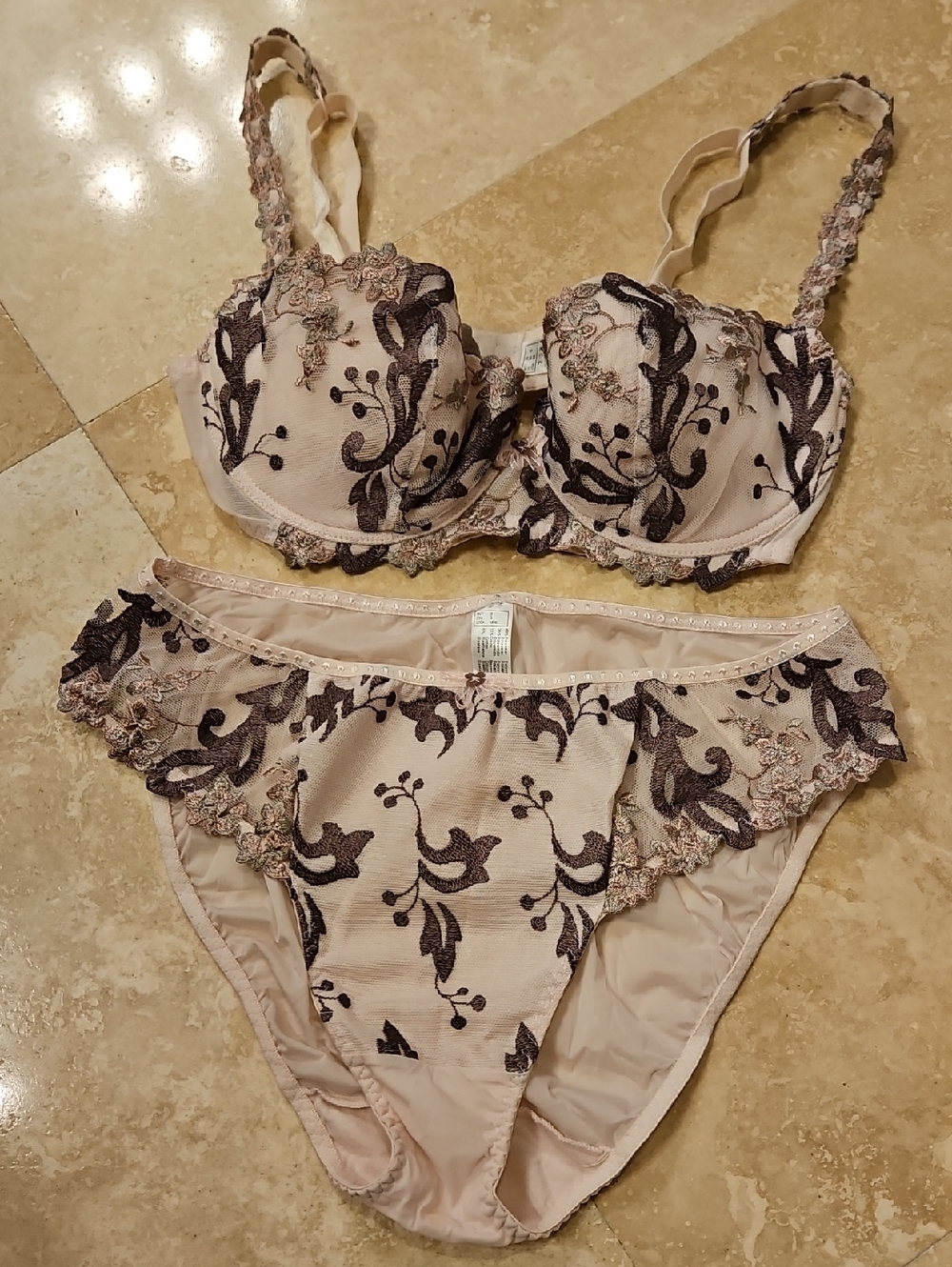 Lejaby embroidered Lace Underwire Bra & Bikini Set in Blush with Brown Trim
